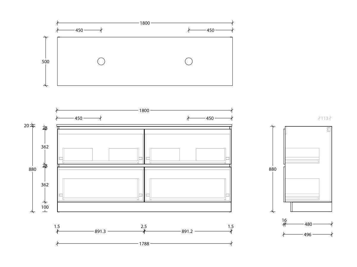 Reece Posh Domaine Plus All Drawer Twin 1800mm Floor Mounted Vanity Double Basin 20mm Cherry Pie Top