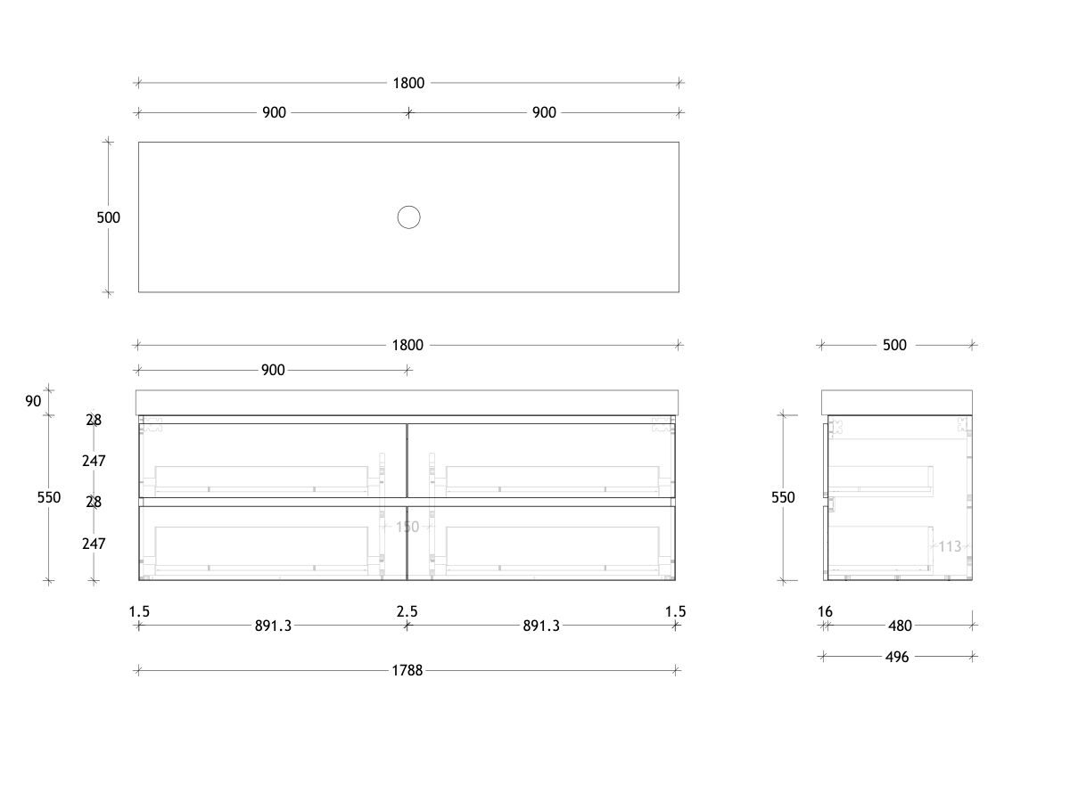 Reece Posh Domaine Plus All Drawer Twin 1800mm Wall Hung Vanity Centre Basin 90mm Durasein Top