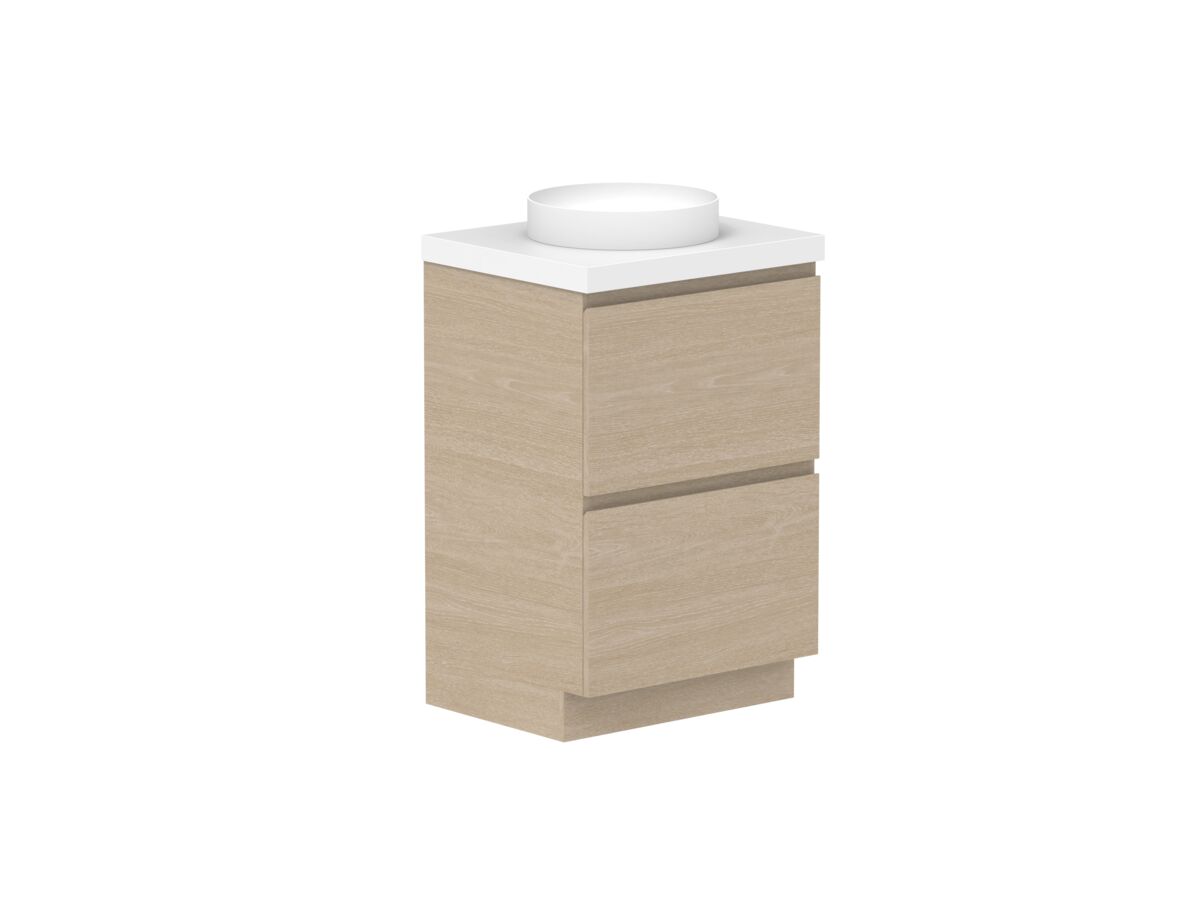 Reece Posh Domaine Plus All Drawer Twin 600mm Floor Mounted Vanity Centre Basin 50mm Caesarstone Mineral Top