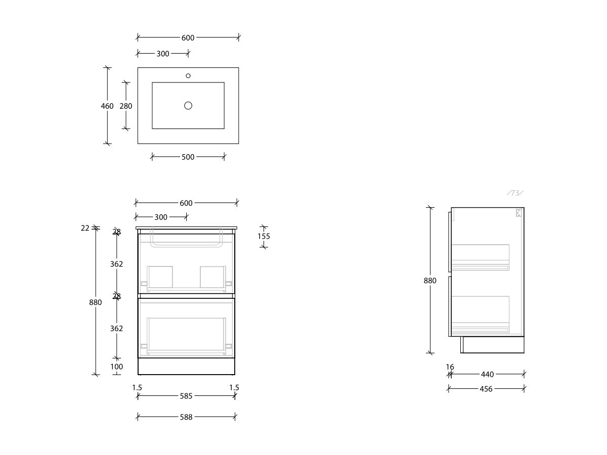 Reece Posh Domaine Plus All Drawer Twin 600mm Floor Mounted Vanity Centre Basin Cast Marble Top
