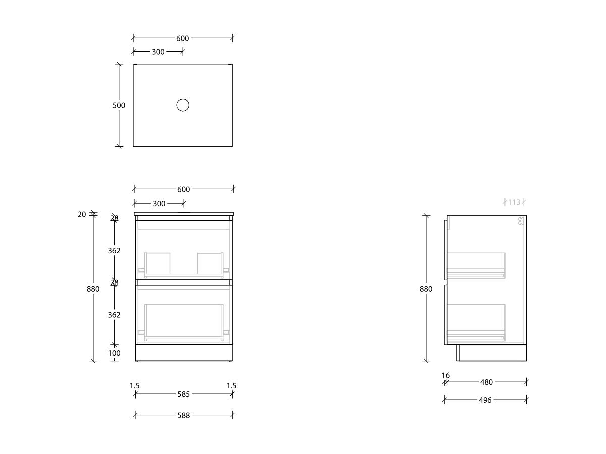 Reece Posh Domaine Plus All Drawer Twin 600mm Floor Mounted Vanity Centre Basin 20mm Cherry Pie Top