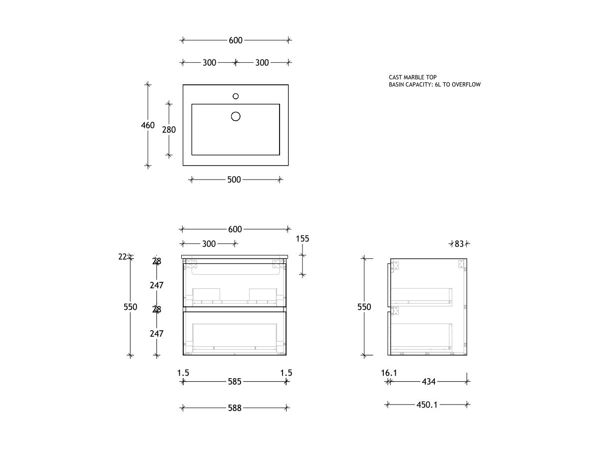 Reece Posh Domaine Plus All Drawer Twin 600mm Wall Hung Vanity Centre Basin Cast Marble Top