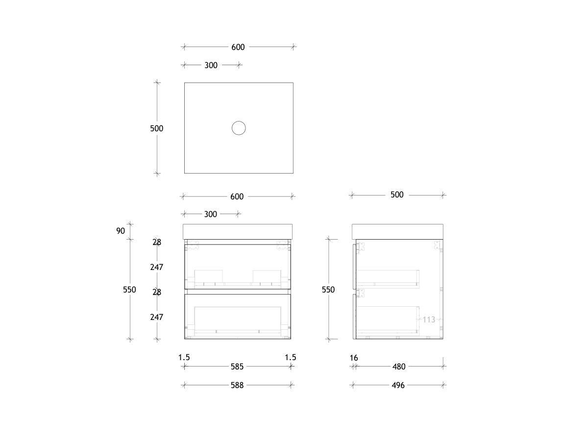 Reece Posh Domaine Plus All Drawer Twin 600mm Wall Hung Vanity Centre Basin 90mm Cherry Pie Top
