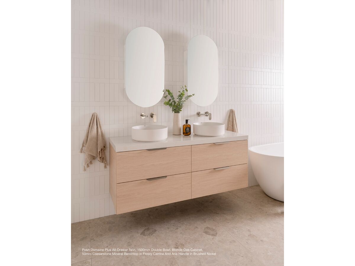 Reece Posh Domaine Plus All Drawer Twin 600mm Wall Hung Vanity Centre Basin 90mm Caesarstone Mineral Top