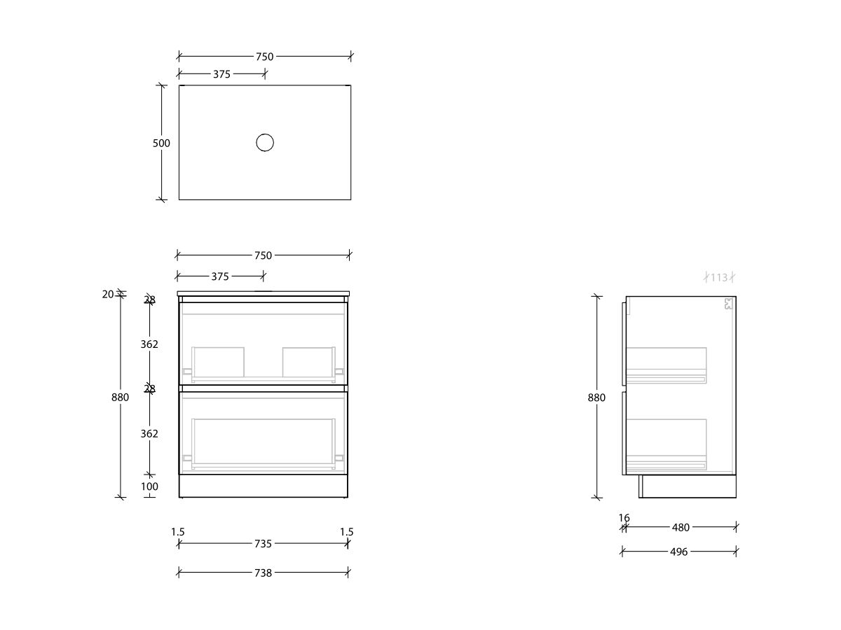 Reece Posh Domaine Plus All Drawer Twin 750mm Floor Mounted Vanity Centre Basin 20mm Cherry Pie Top