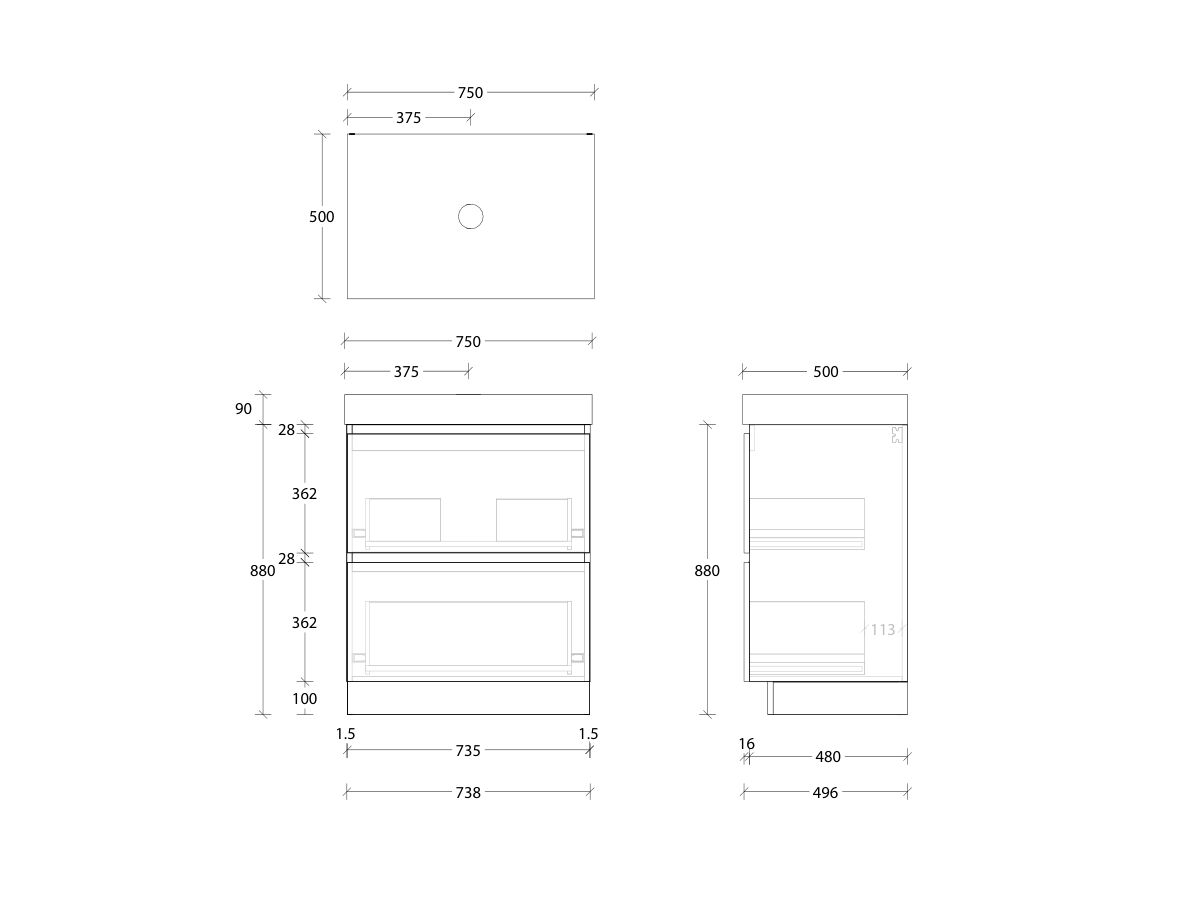 Reece Posh Domaine Plus All Drawer Twin 750mm Floor Mounted Vanity Centre Basin 90mm Durasein Top