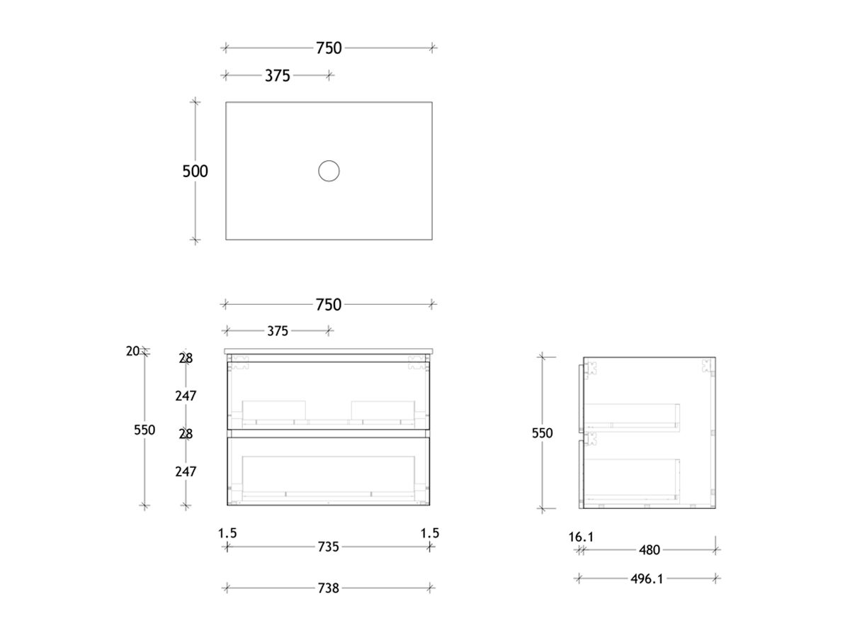 Reece Posh Domaine Plus All Drawer Twin 750mm Wall Hung Vanity Centre Basin 20mm Cherry Pie Top