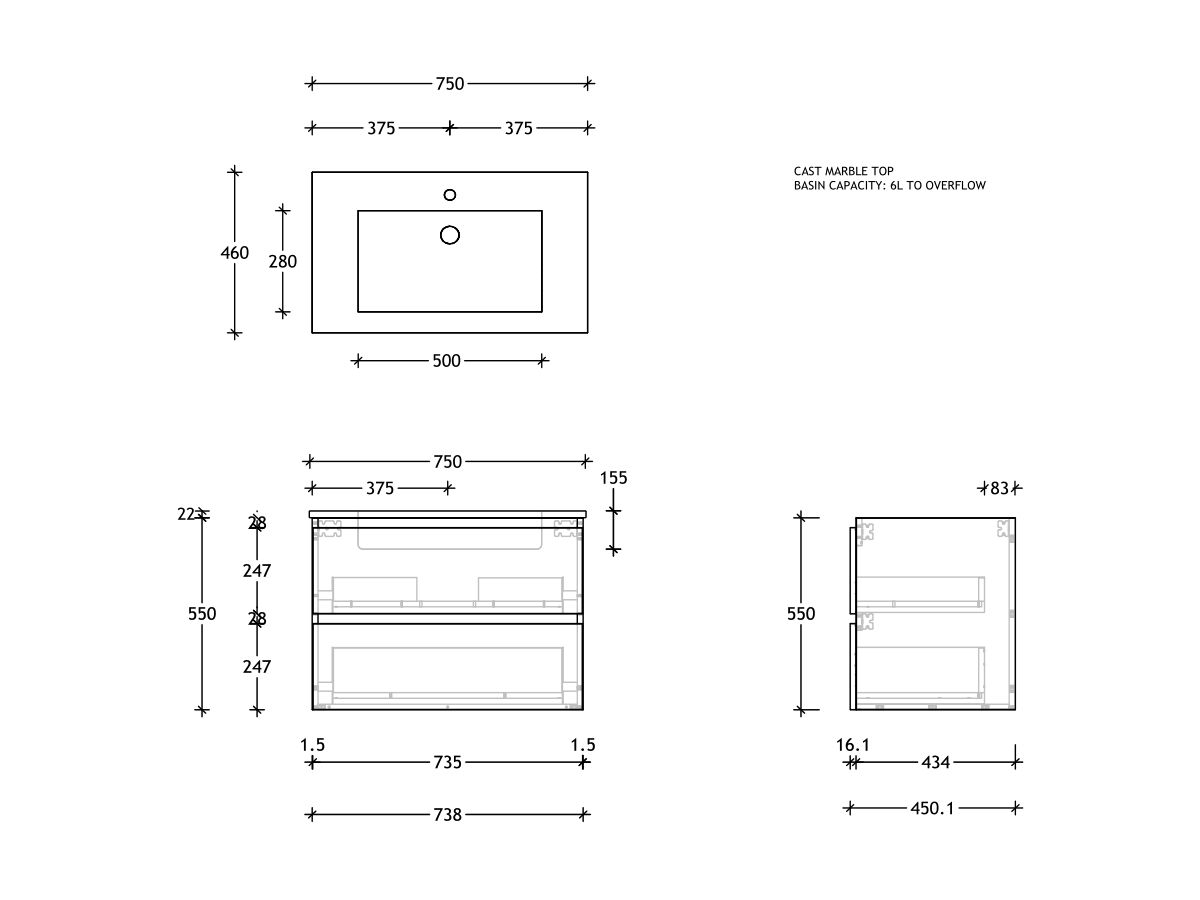 Reece Posh Domaine Plus All Drawer Twin 750mm Wall Hung Vanity Centre Basin Cast Marble Top