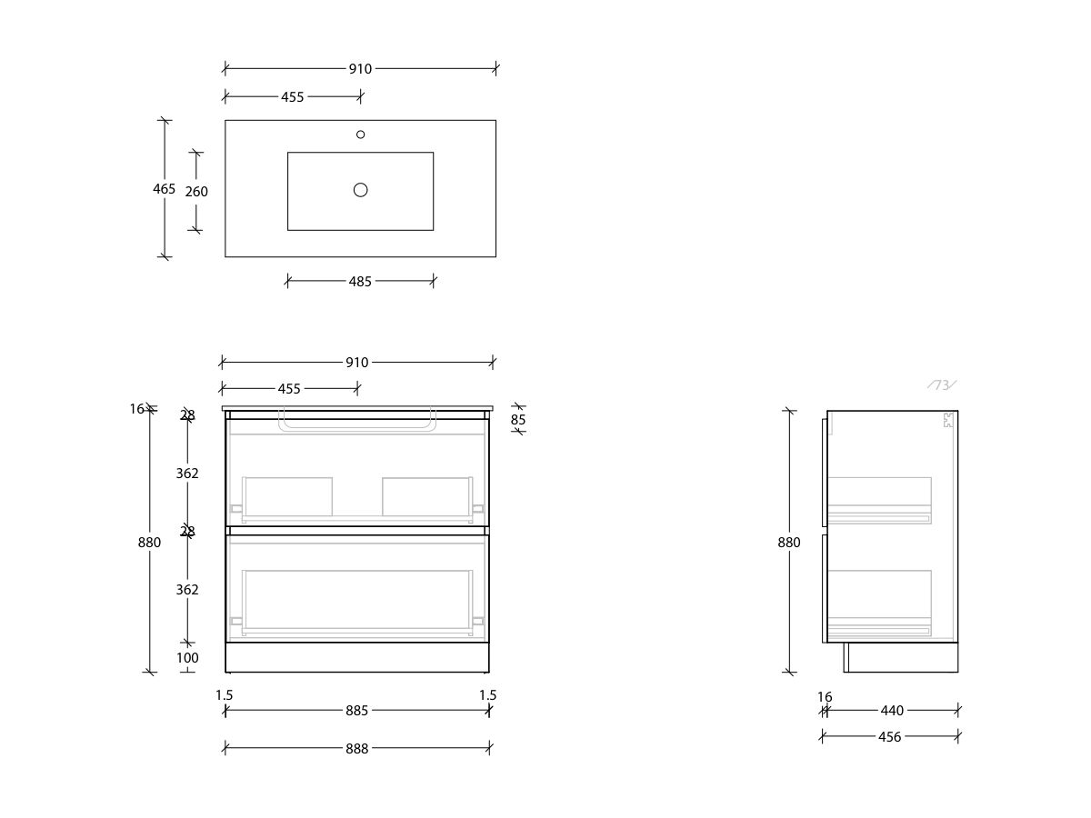 Reece Posh Domaine Plus All Drawer Twin 900mm Floor Mounted Vanity Centre Basin Matte White Ceramic Top