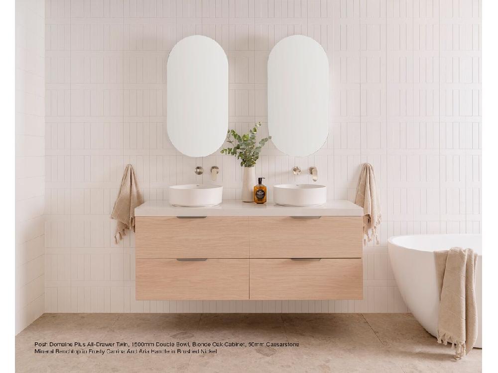 Reece Posh Domaine Plus All Drawer Twin 900mm Floor Mounted Vanity Centre Basin 50mm Caesarstone Mineral Top