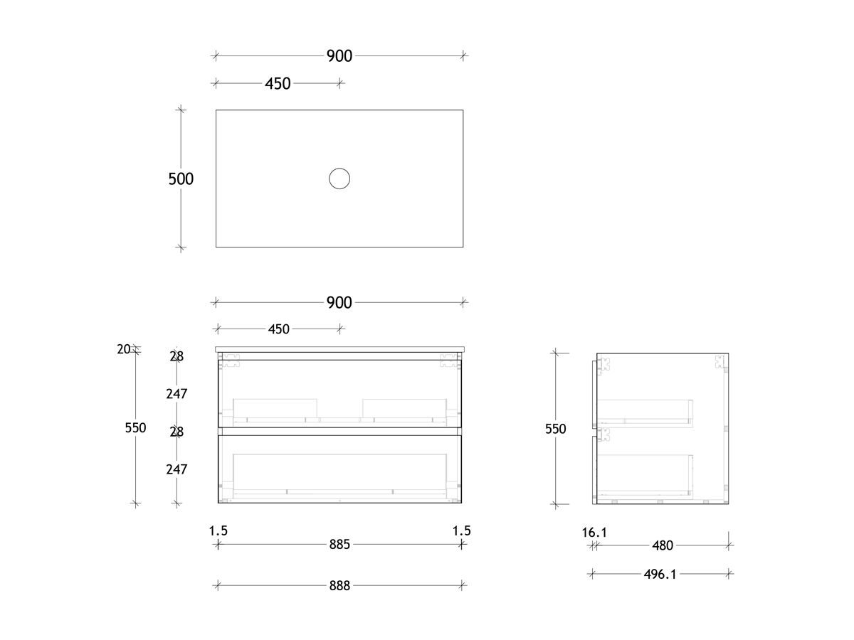 Reece Posh Domaine Plus All Drawer Twin 900mm Wall Hung Vanity Centre Basin 20mm Cherry Pie Top