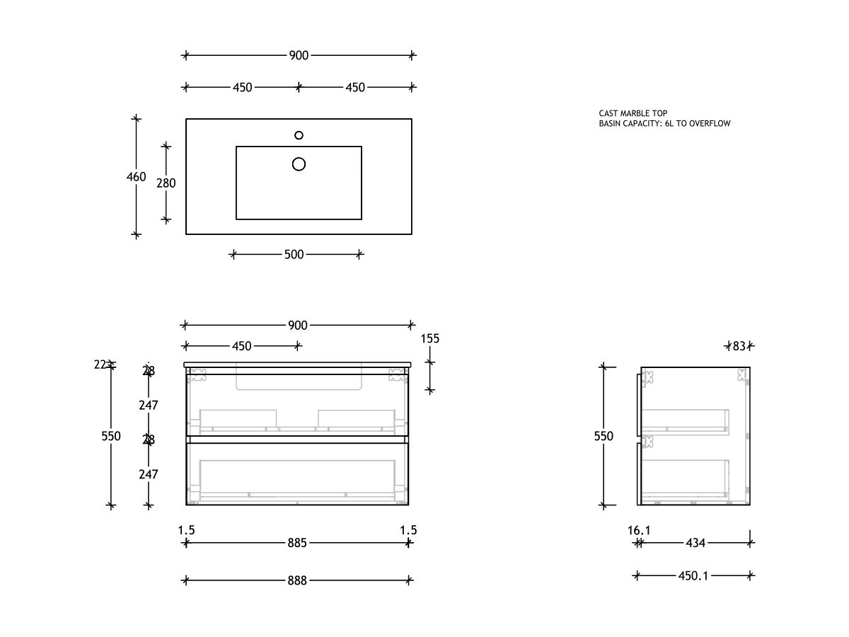 Reece Posh Domaine Plus All Drawer Twin 900mm Wall Hung Vanity Centre Basin Cast Marble Top