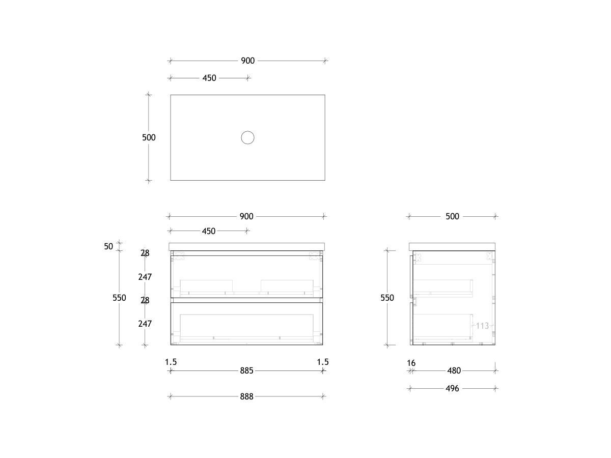Reece Posh Domaine Plus All Drawer Twin 900mm Wall Hung Vanity Centre Basin 50mm Cherry Pie Top