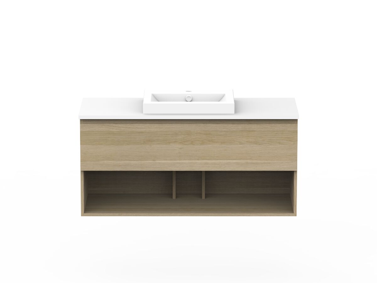 reece Posh Domaine Plus All Drawer with Shelf 1200mm Wall Hung Vanity Centre Basin 20mm Cherry Pie Top