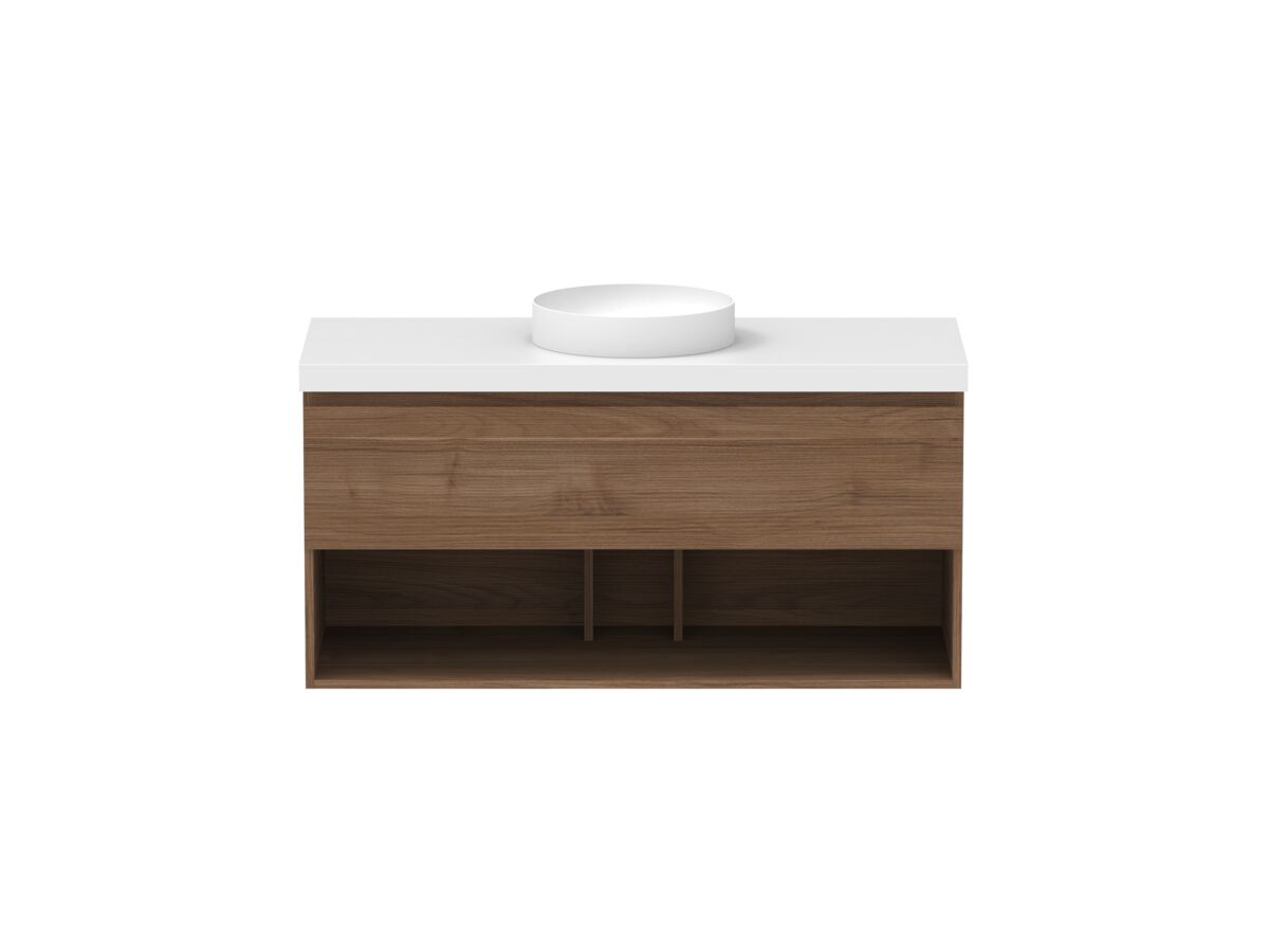reece Posh Domaine Plus All Drawer with Shelf 1200mm Wall Hung Vanity Centre Basin 50mm Cherry Pie Top