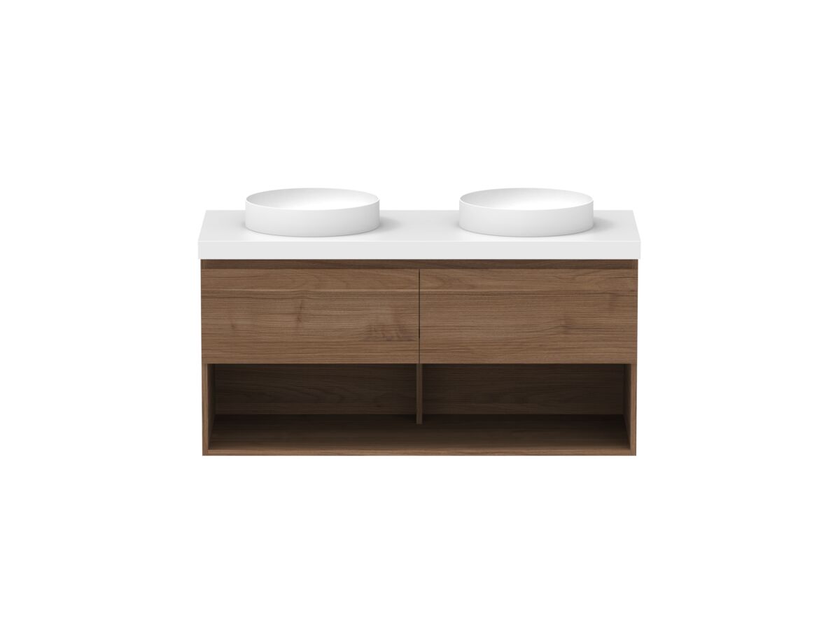 reece Posh Domaine Plus All Drawer with Shelf 1200mm Wall Hung Vanity Double Basin 50mm Durasein Top