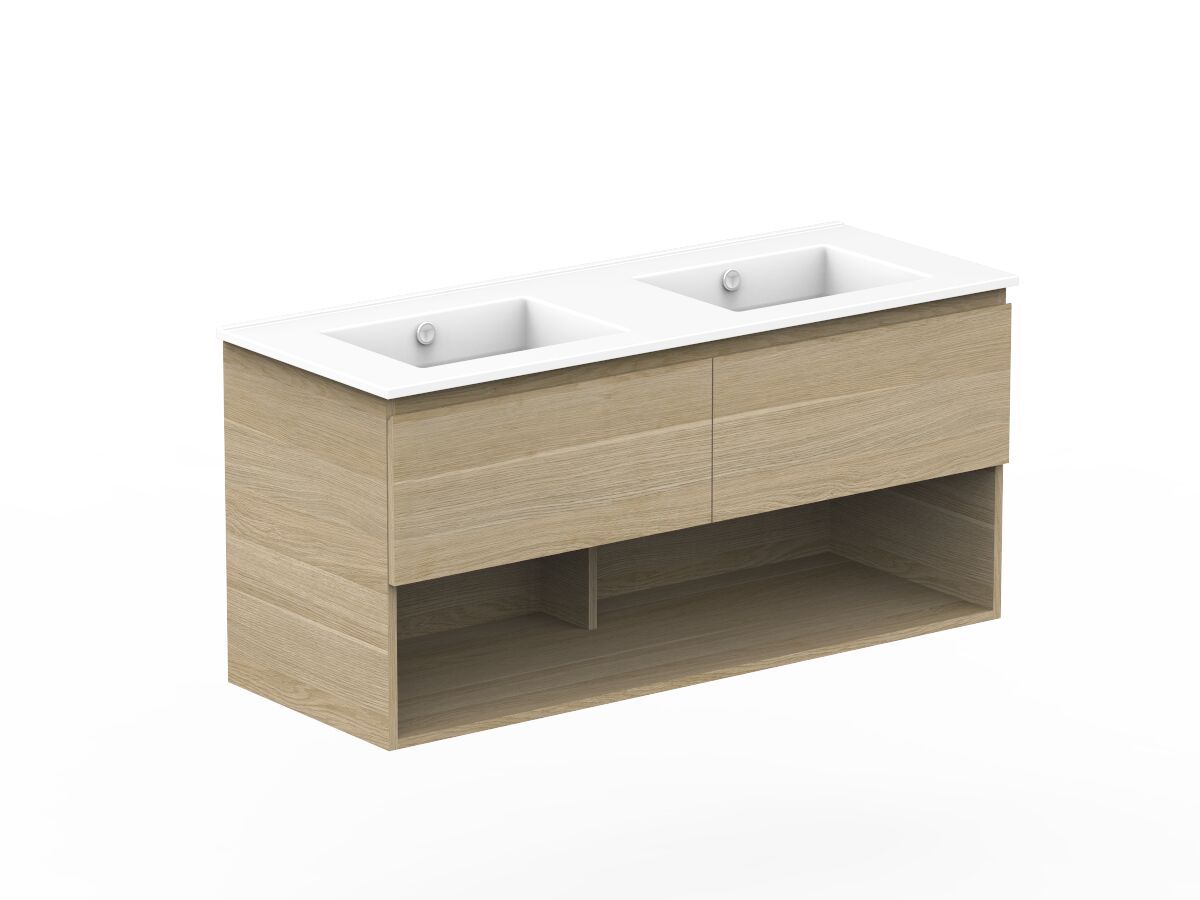 Reece Posh Domaine Plus All Drawer With Shelf 1200mm Wall Hung Vanity Double Basin Ceramic Top