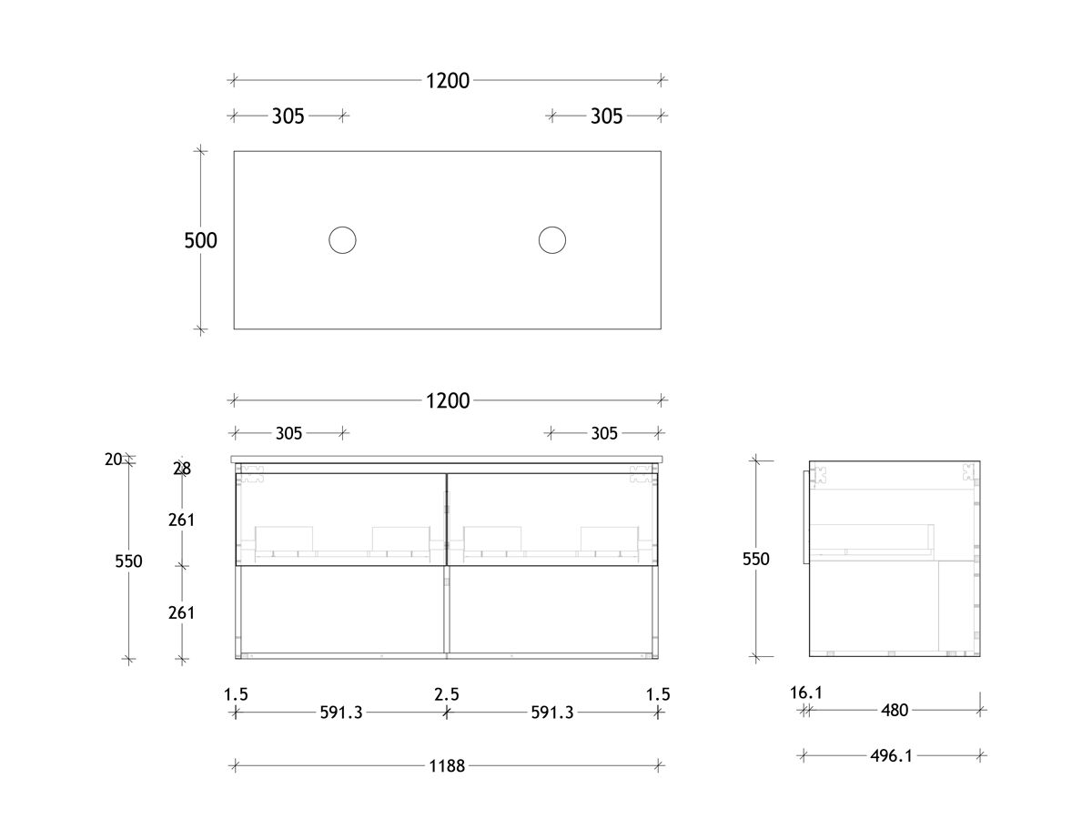 Reece Posh Domaine Plus All Drawer With Shelf 1200mm Wall Hung Vanity Double Basin 20mm Cherry Pie Top