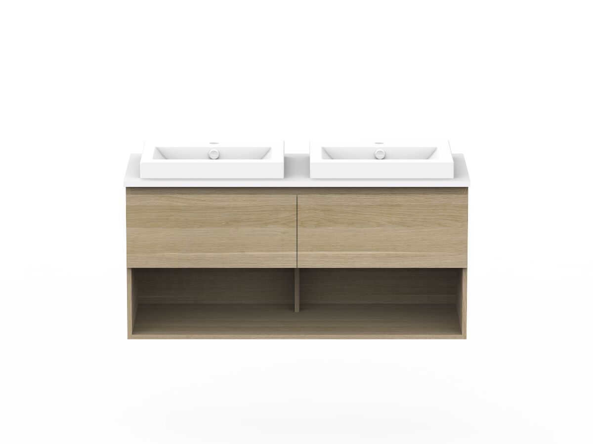 reece Posh Domaine Plus All Drawer with Shelf 1200mm Wall Hung Vanity Double Basin 20mm Cherry Pie Top