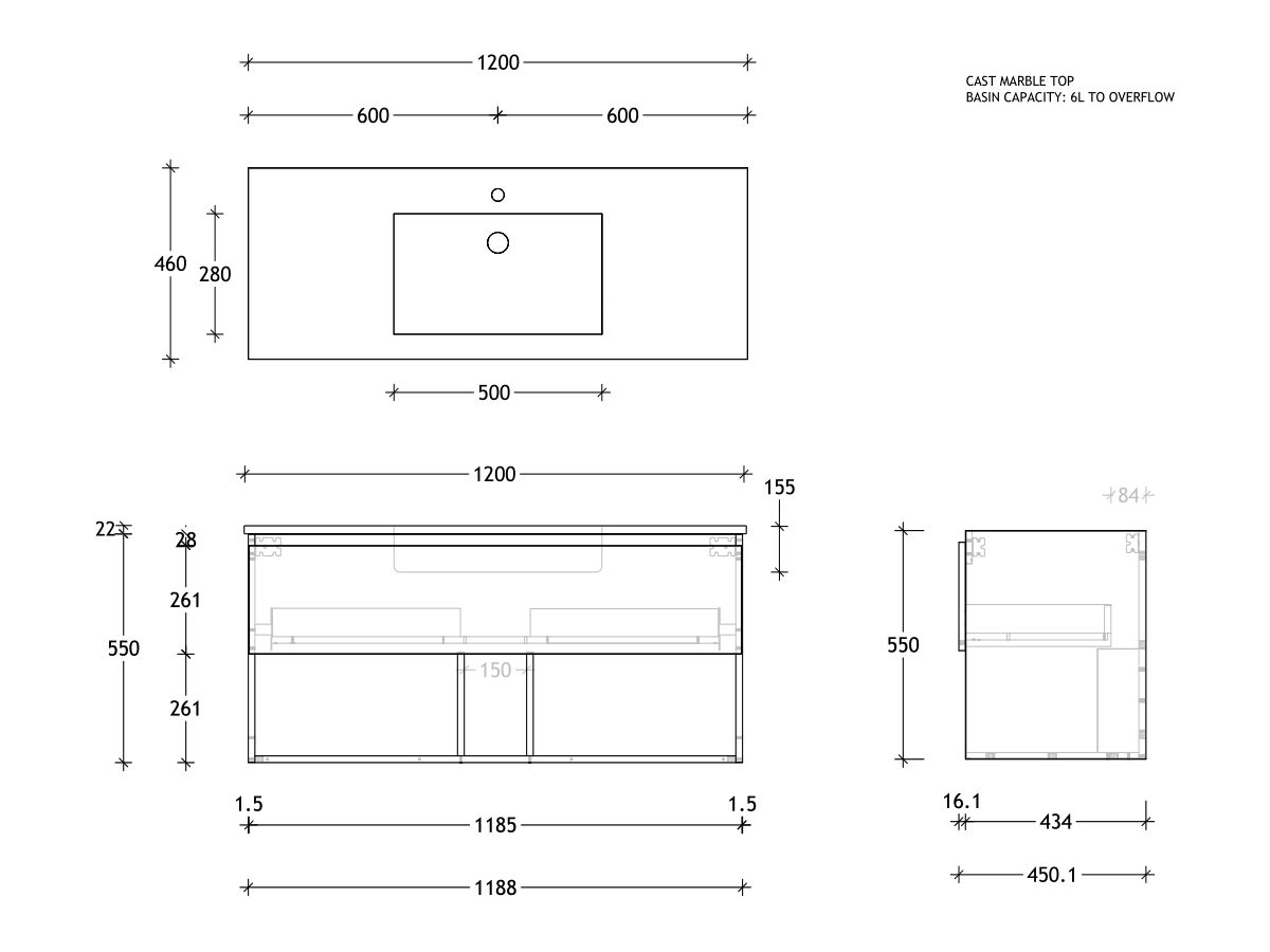 Reece Posh Domaine Plus All Drawer With Shelf 1200mm Wall Hung Vanity Centre Basin Cast Marble Top