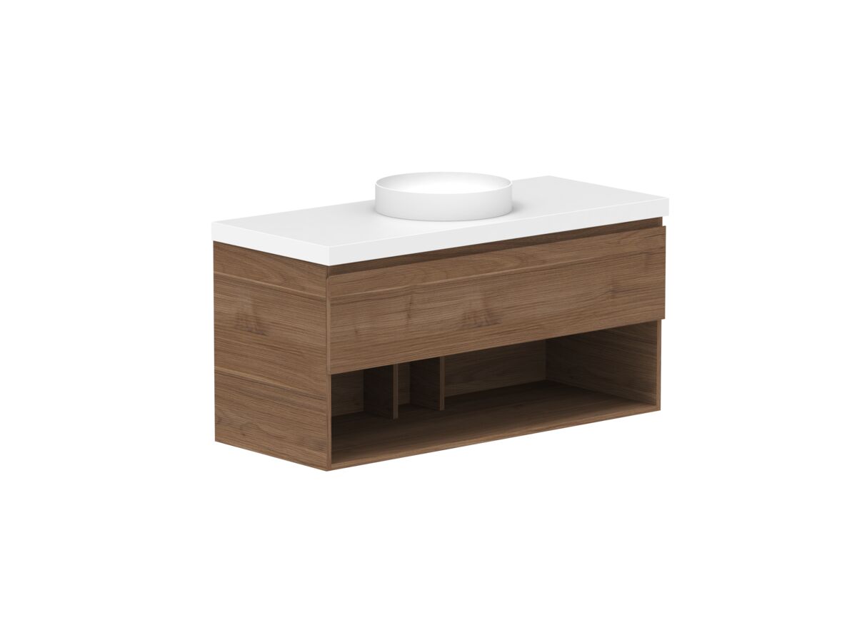 Reece Posh Domaine Plus All Drawer With Shelf 1200mm Wall Hung Vanity Centre Basin 50mm Caesarstone Mineral Top