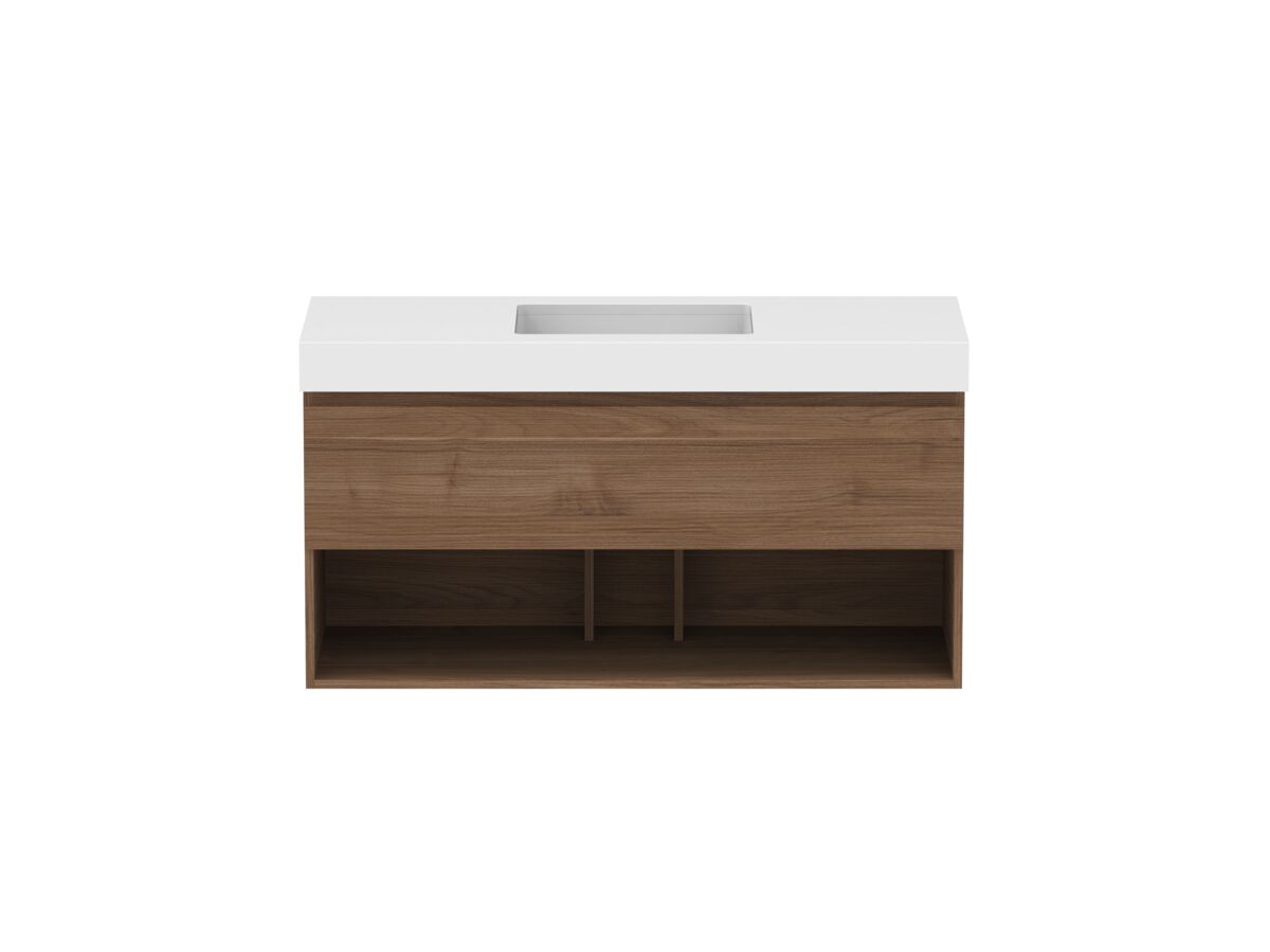 reece Posh Domaine Plus All Drawer with Shelf 1200mm Wall Hung Vanity Centre Basin 90mm Cherry Pie Top