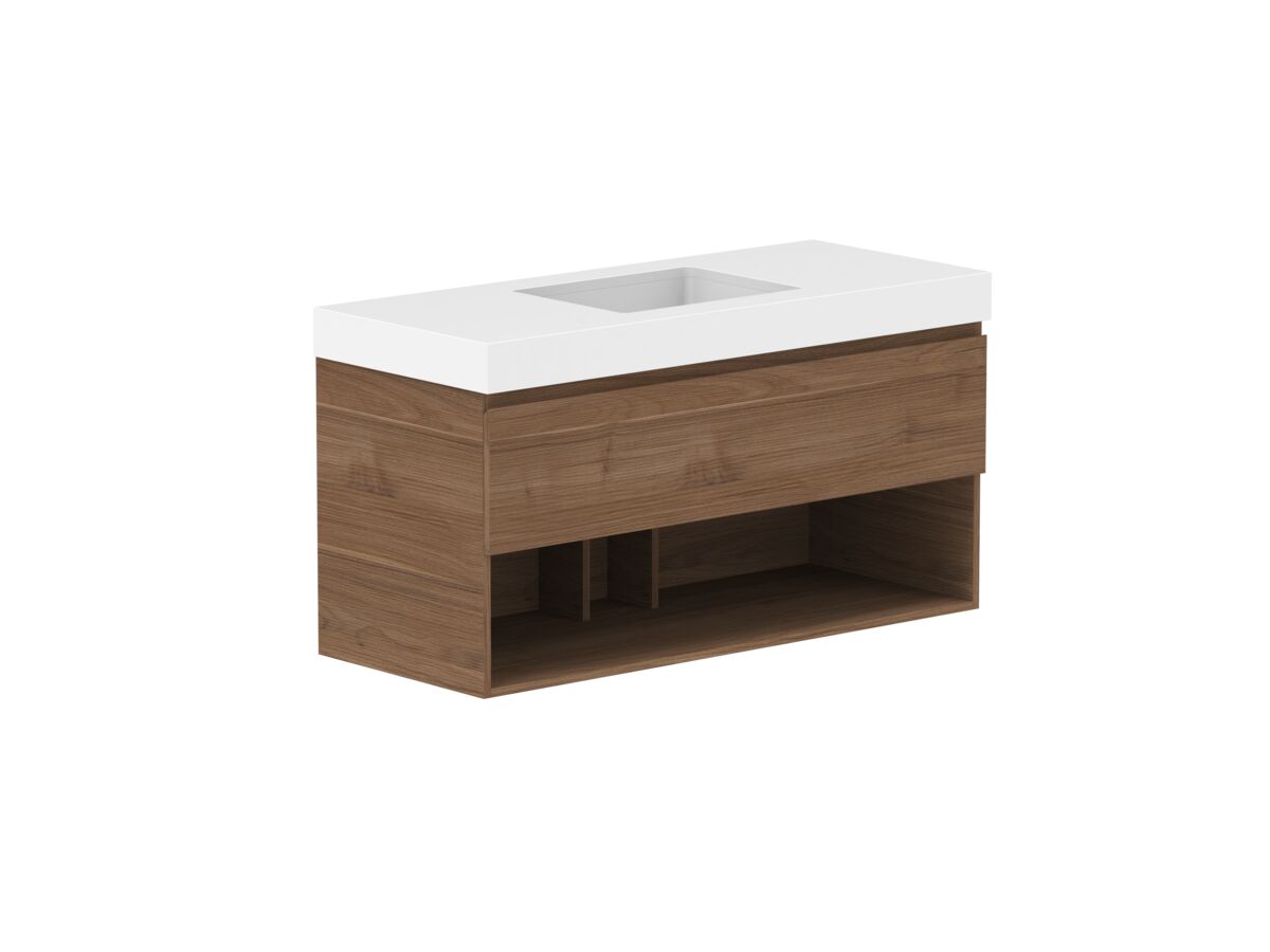 Reece Posh Domaine Plus All Drawer With Shelf 1200mm Wall Hung Vanity Centre Basin 90mm Durasein Top