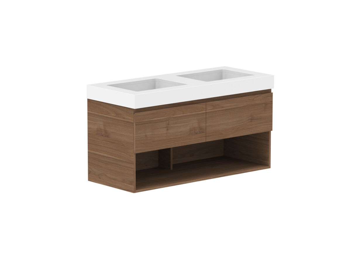 Reece Posh Domaine Plus All Drawer With Shelf 1200mm Wall Hung Vanity Double Basin 90mm Caesarstone Mineral Top
