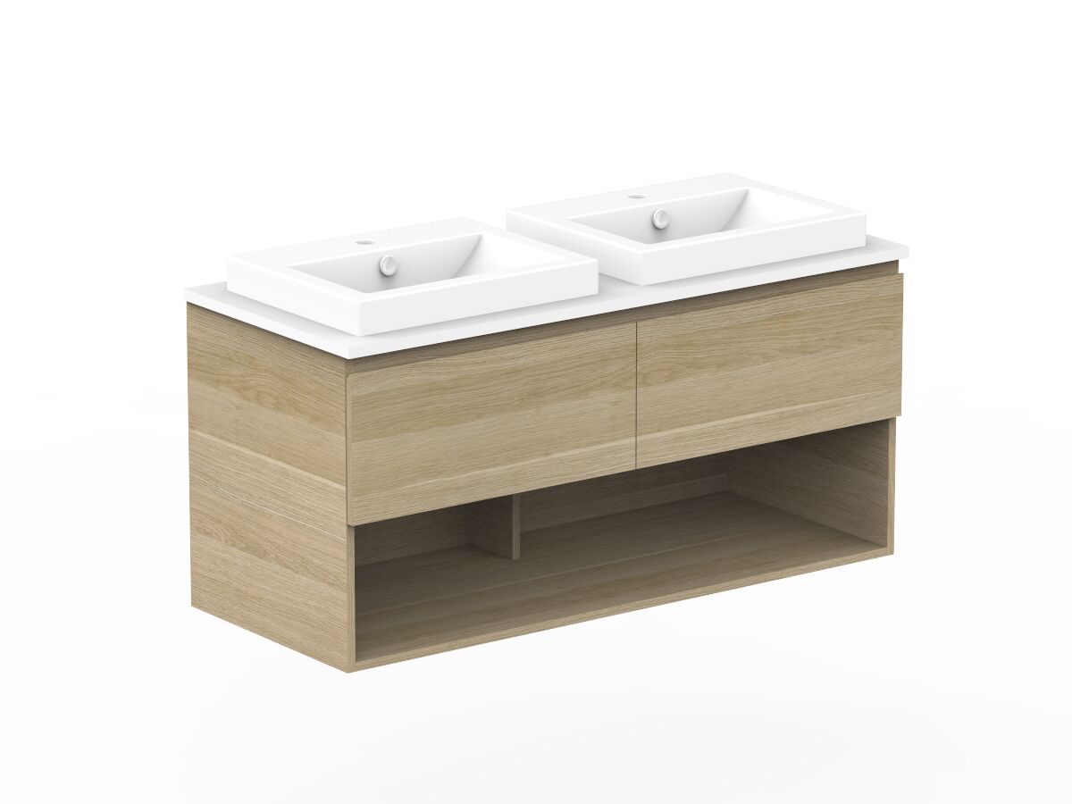 Reece Posh Domaine Plus All Drawer With Shelf 1200mm Wall Hung Vanity Double Basin 20mm Cherry Pie Top