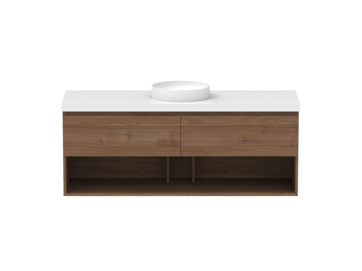reece Posh Domaine Plus All Drawer with Shelf 1500mm Wall Hung Vanity Centre Basin 50mm Caesarstone Mineral Top