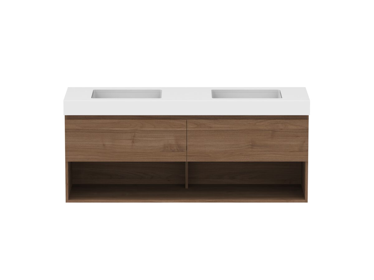 reece Posh Domaine Plus All Drawer with Shelf 1500mm Wall Hung Vanity Double Basin 90mm Cherry Pie Top