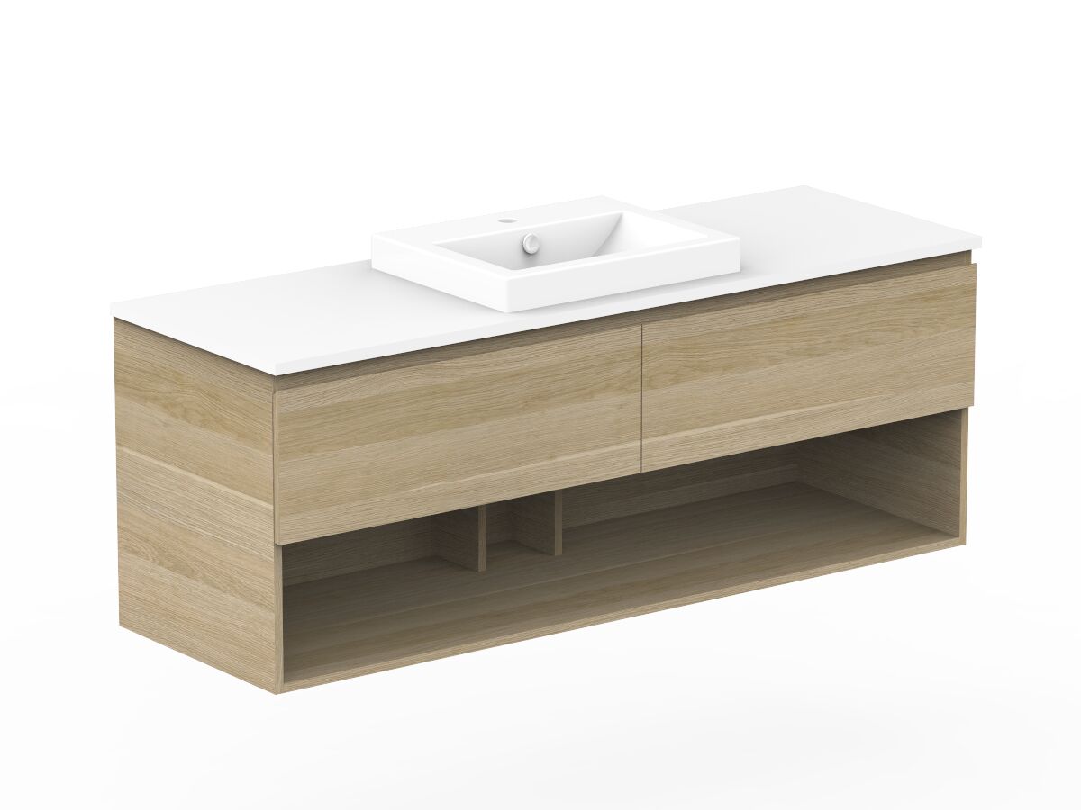 Reece Posh Domaine Plus All Drawer With Shelf 1500mm Wall Hung Vanity Centre Basin 20mm Cherry Pie Top
