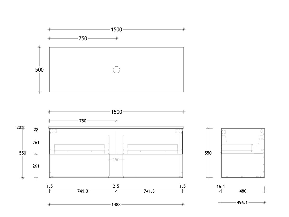 Reece Posh Domaine Plus All Drawer With Shelf 1500mm Wall Hung Vanity Centre Basin 20mm Cherry Pie Top
