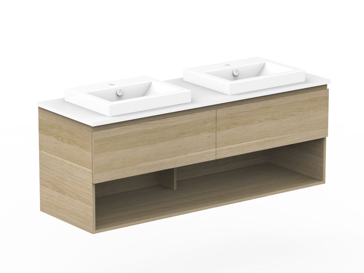 Reece Posh Domaine Plus All Drawer With Shelf 1500mm Wall Hung Vanity Double Basin 20mm Cherry Pie Top
