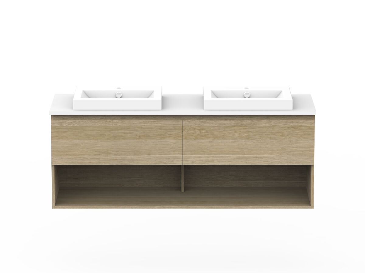 reece Posh Domaine Plus All Drawer with Shelf 1500mm Wall Hung Vanity Double Basin 20mm Cherry Pie Top