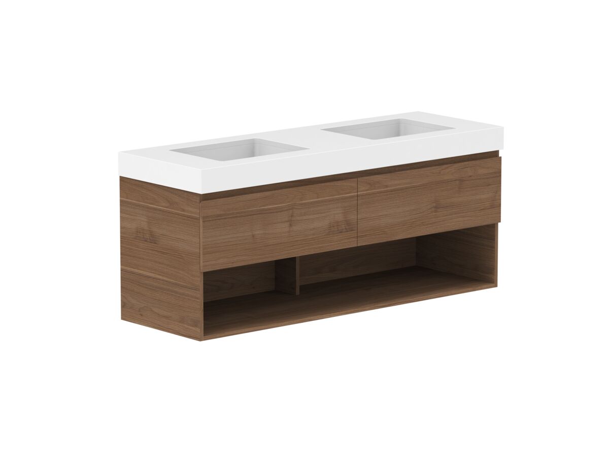 Reece Posh Domaine Plus All Drawer With Shelf 1500mm Wall Hung Vanity Double Basin 90mm Durasein Top