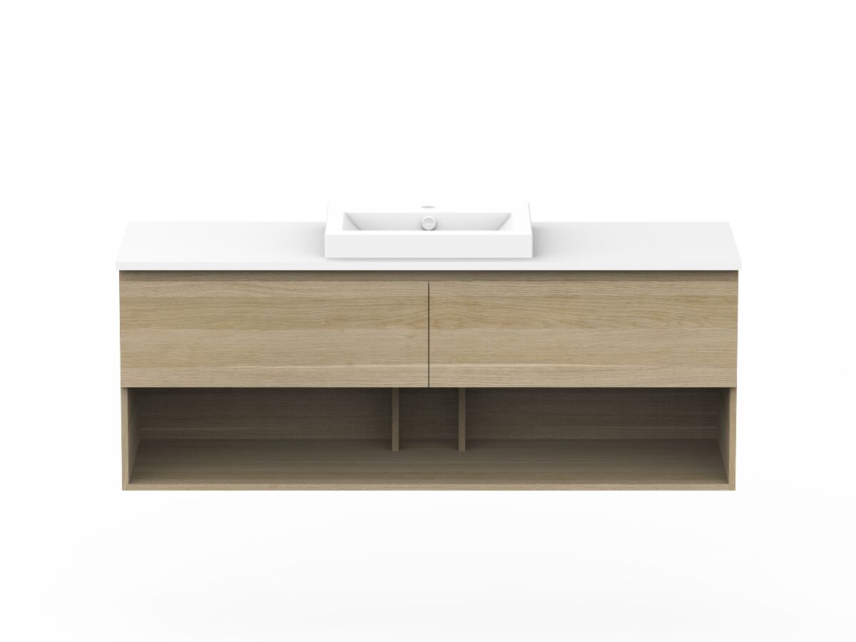 reece Posh Domaine Plus All Drawer with Shelf 1500mm Wall Hung Vanity Centre Basin 20mm Cherry Pie Top