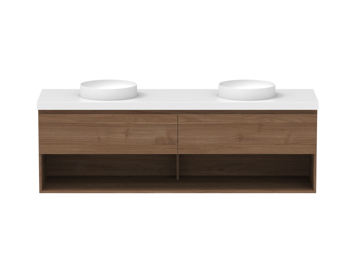 reece Posh Domaine Plus All Drawer with Shelf 1800mm Wall Hung Vanity Double Basin 50mm Cherry Pie Top