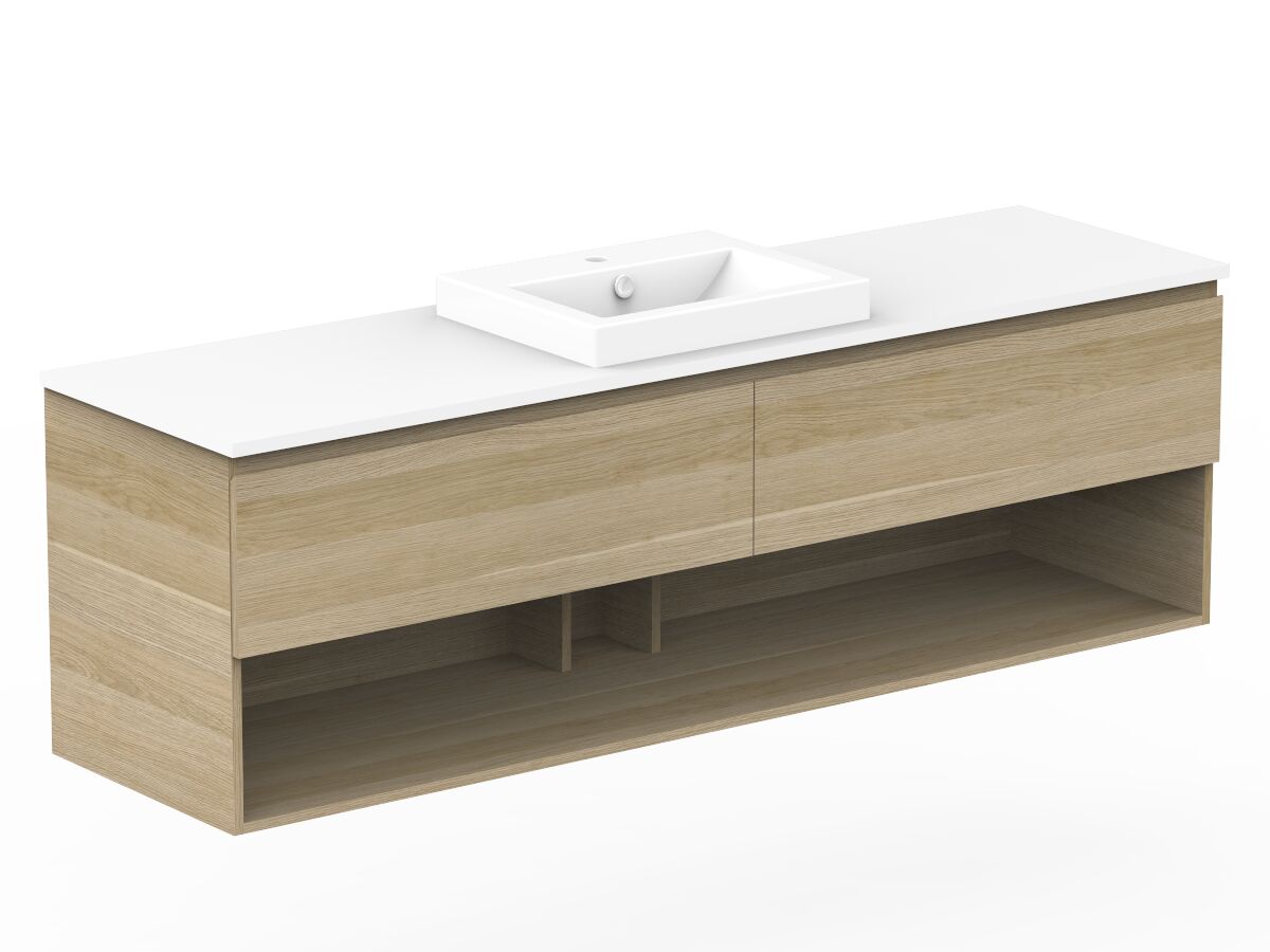 Reece Posh Domaine Plus All Drawer With Shelf 1800mm Wall Hung Vanity Centre Basin 20mm Cherry Pie Top
