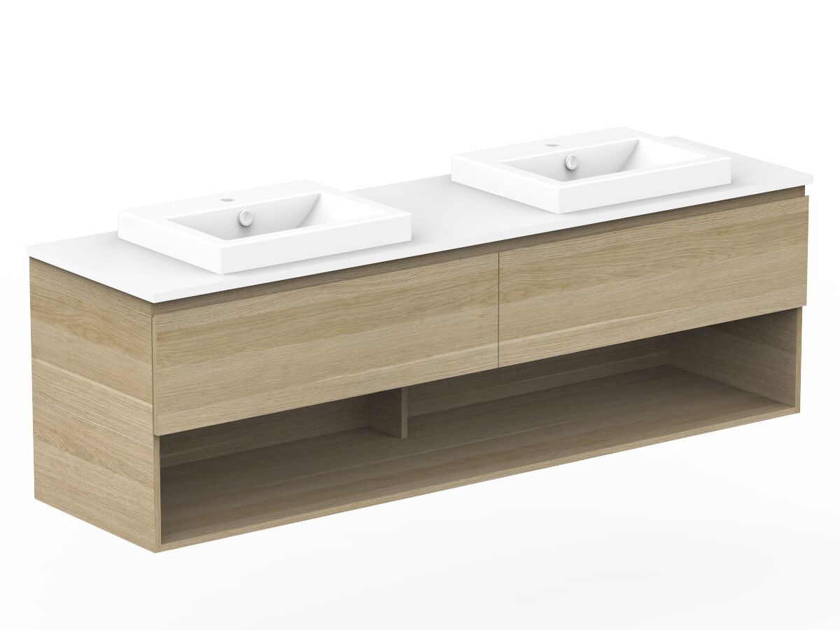 Reece Posh Domaine Plus All Drawer With Shelf 1800mm Wall Hung Vanity Double Basin 20mm Cherry Pie Top