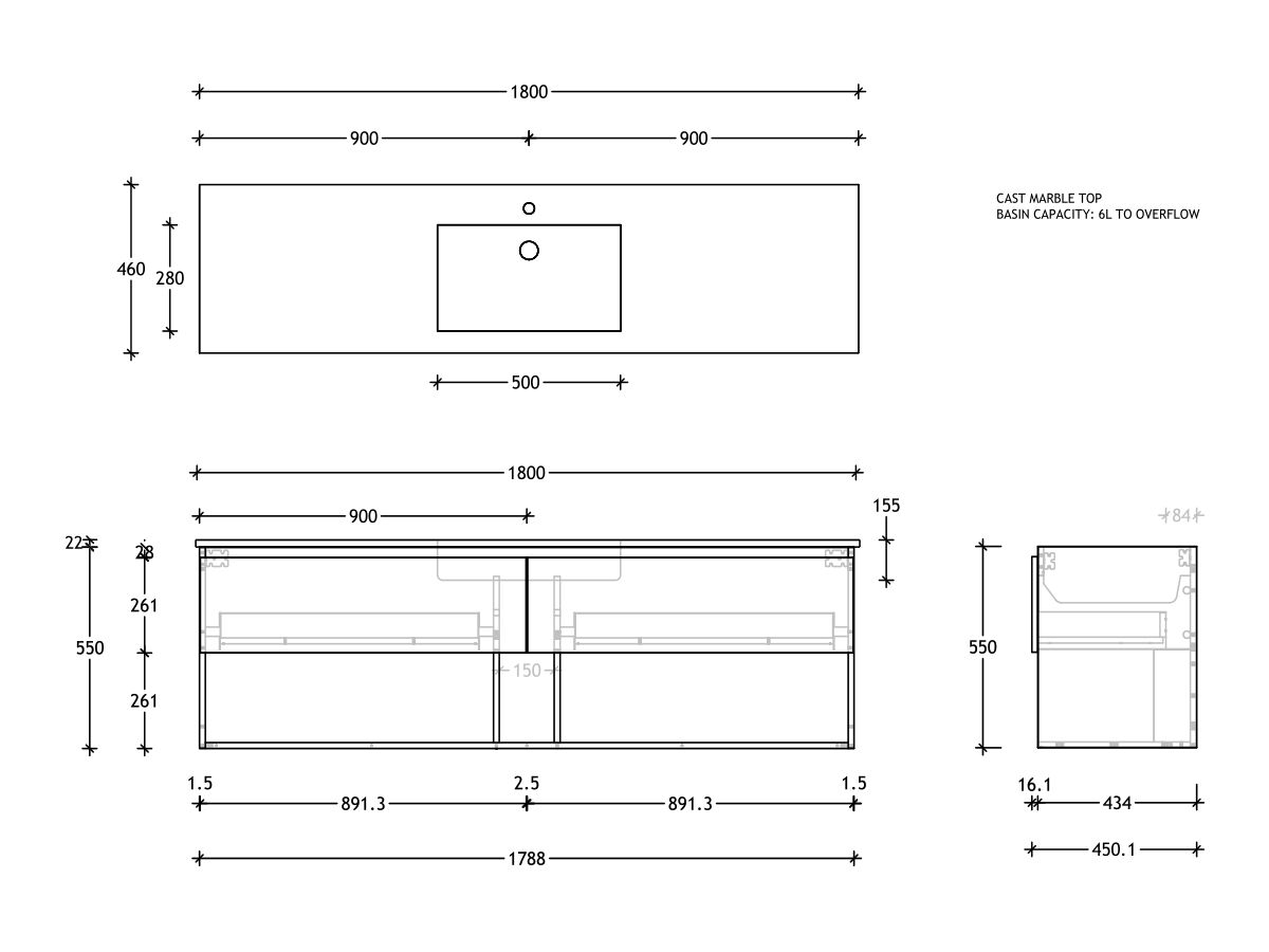 Reece Posh Domaine Plus All Drawer With Shelf 1800mm Wall Hung Vanity Centre Basin Cast Marble Top