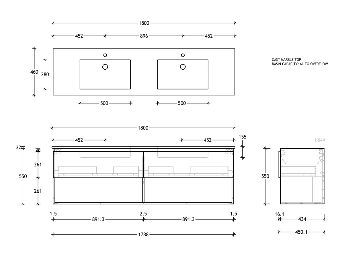 Reece Posh Domaine Plus All Drawer With Shelf 1800mm Wall Hung Vanity Double Basin Cast Marble Top