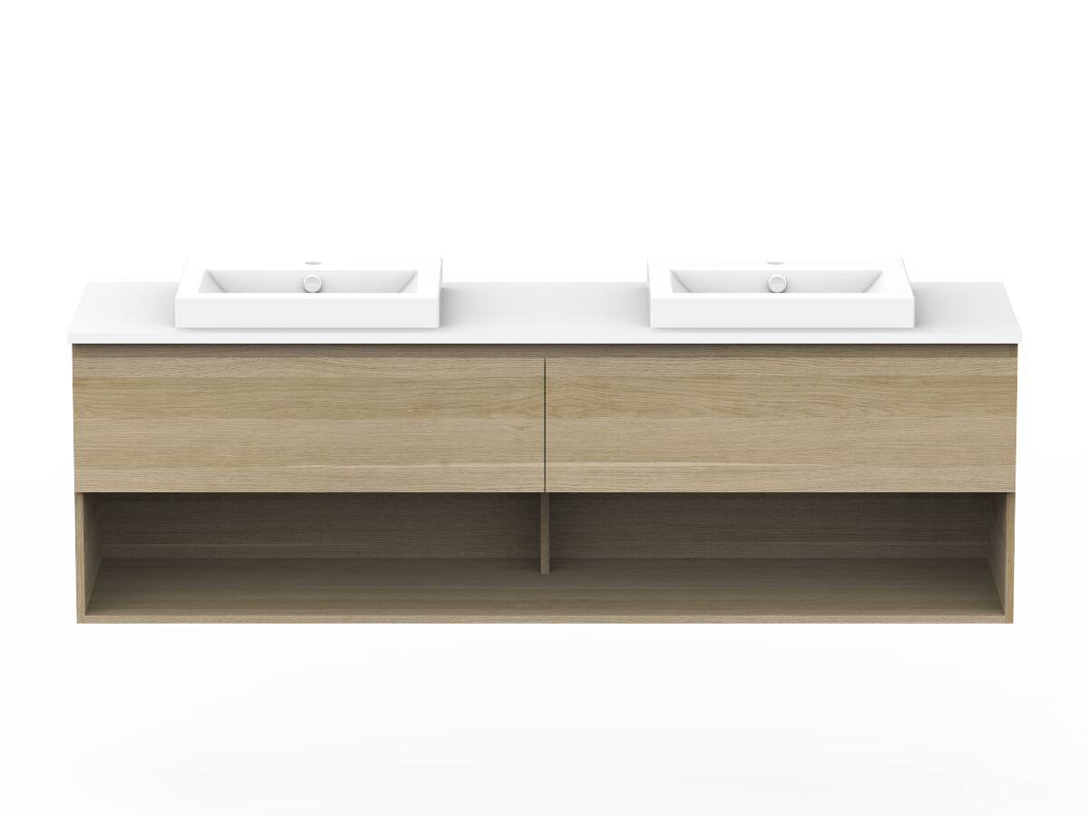 reece Posh Domaine Plus All Drawer with Shelf 1800mm Wall Hung Vanity Double Basin 20mm Cherry Pie Top