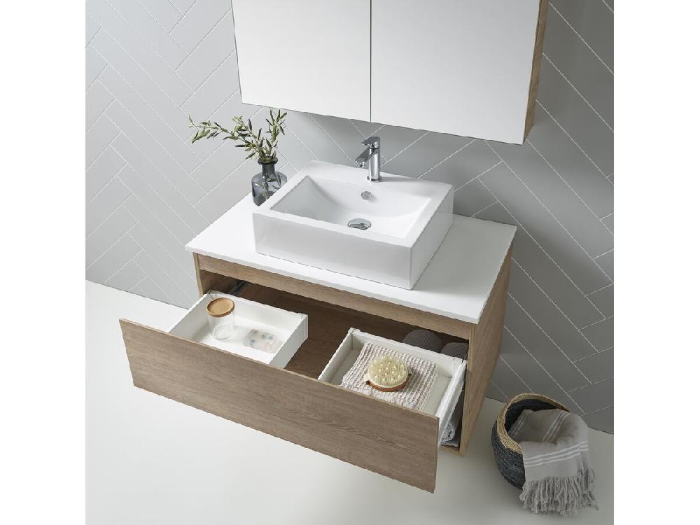 Reece Posh Domaine Plus All Drawer With Shelf 600mm Wall Hung Vanity Centre Basin 20mm Cherry Pie Top