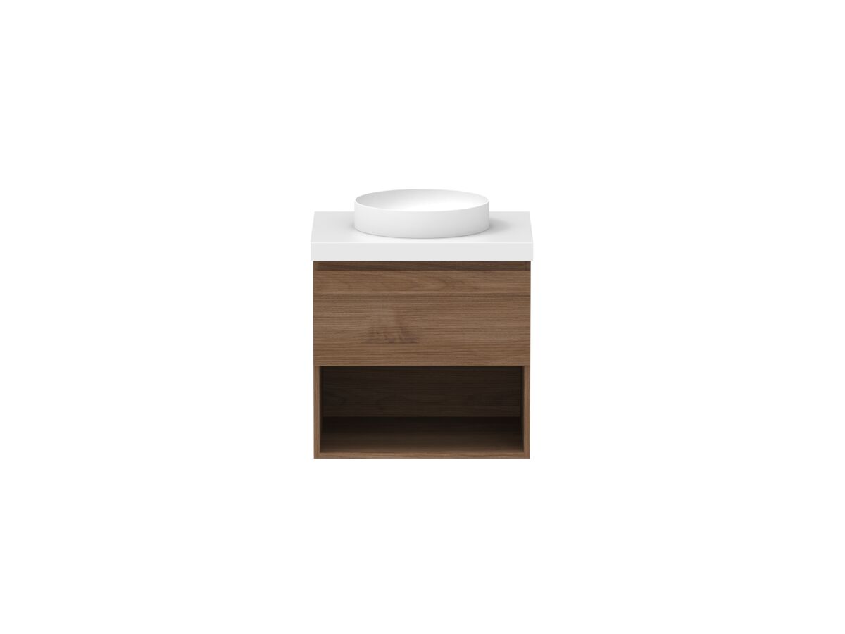 reece Posh Domaine Plus All Drawer with Shelf 600mm Wall Hung Vanity Centre Basin 50mm Caesarstone Mineral Top