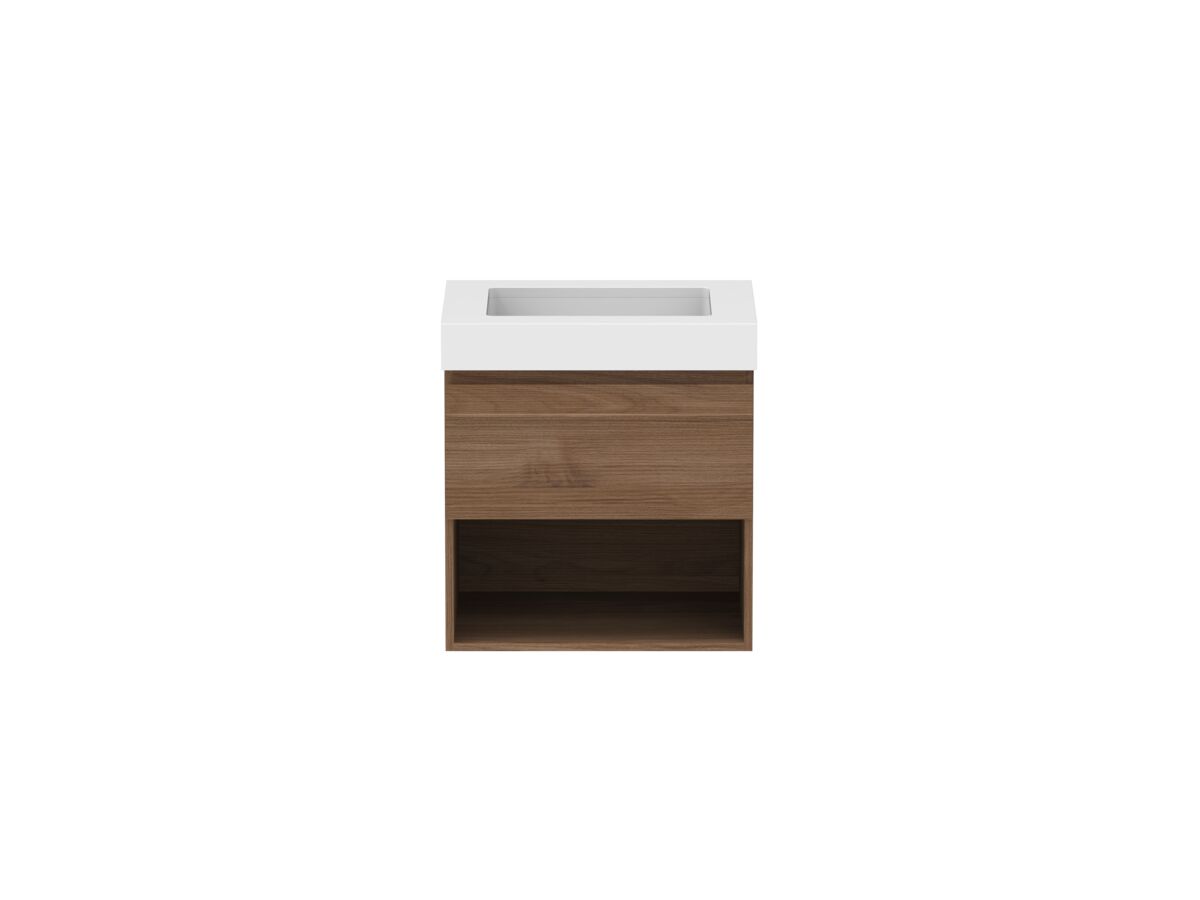 reece Posh Domaine Plus All Drawer with Shelf 600mm Wall Hung Vanity Centre Basin 90mm Durasein Top