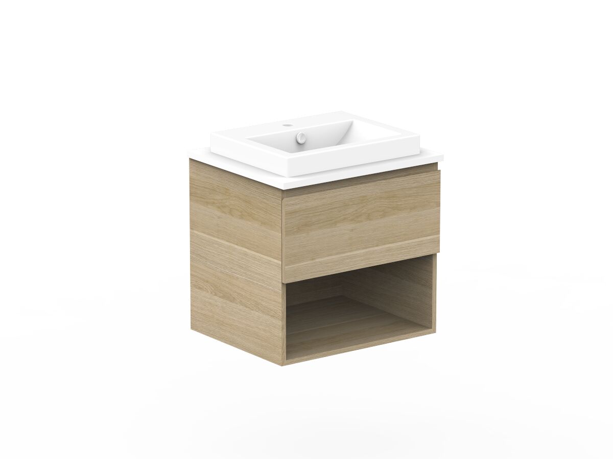 Reece Posh Domaine Plus All Drawer With Shelf 600mm Wall Hung Vanity Centre Basin 20mm Cherry Pie Top