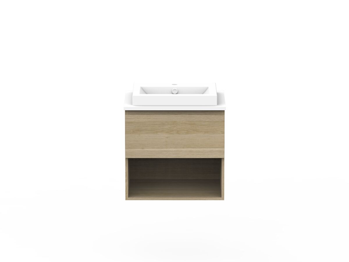 reece Posh Domaine Plus All Drawer with Shelf 600mm Wall Hung Vanity Centre Basin 20mm Cherry Pie Top