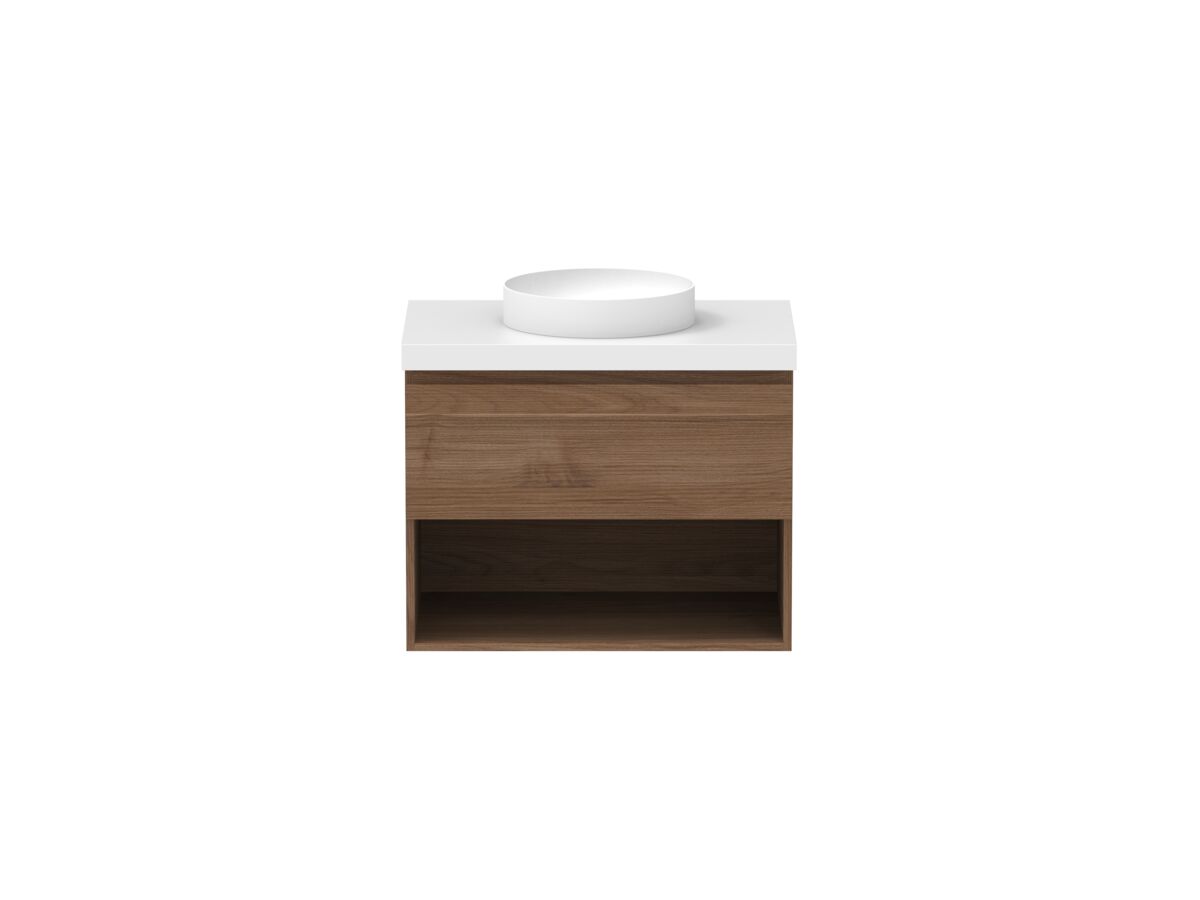 reece Posh Domaine Plus All Drawer with Shelf 750mm Wall Hung Vanity Centre Basin 50mm Cherry Pie Top