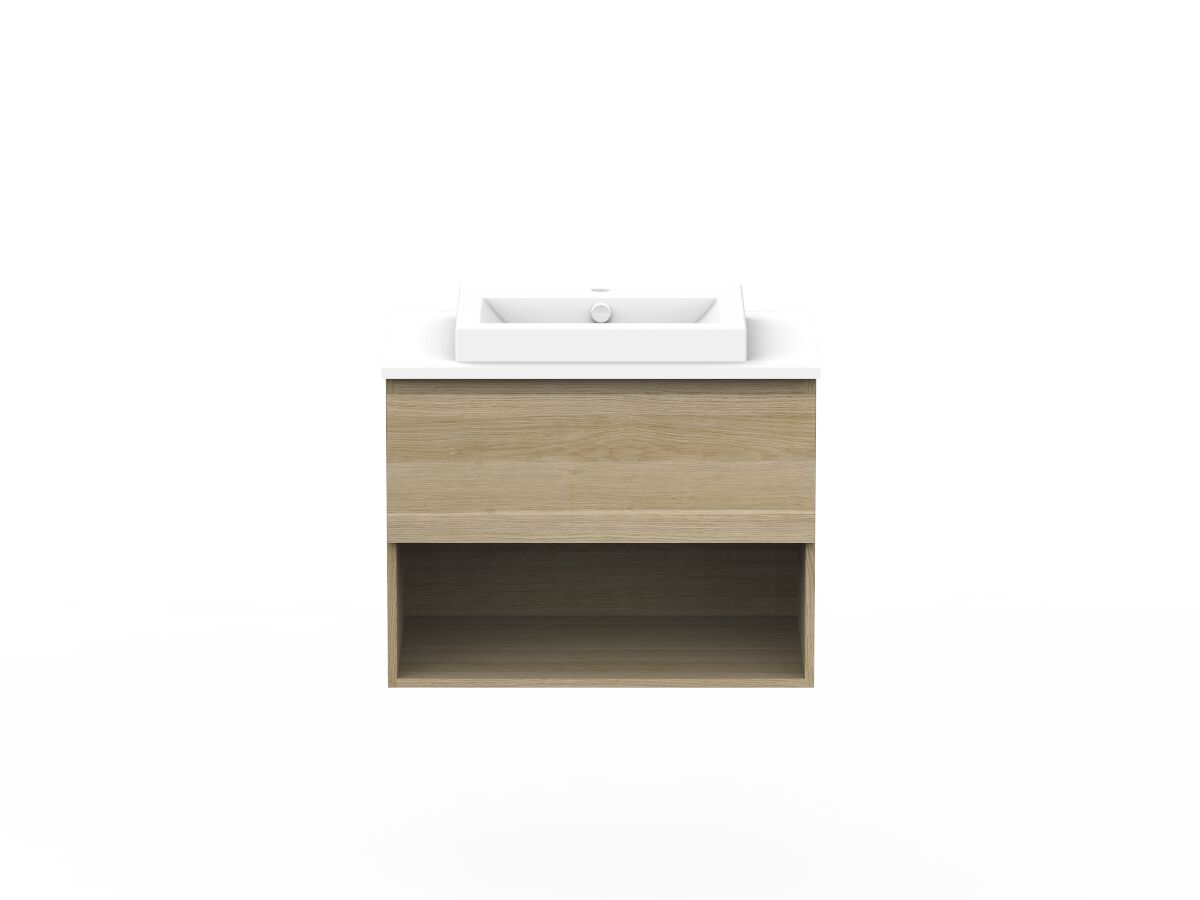 reece Posh Domaine Plus All Drawer with Shelf 750mm Wall Hung Vanity Centre Basin 20mm Cherry Pie Top